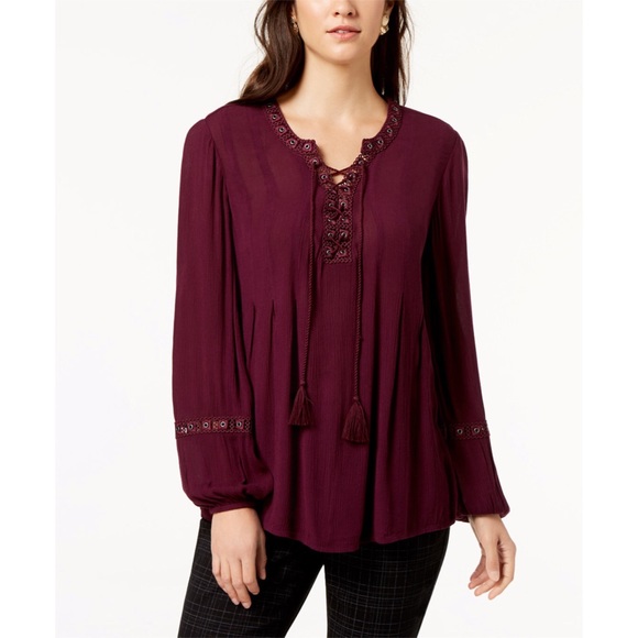 Style & Co. Tops - Style & Co Purple Lace Up Peasant Top Size Small